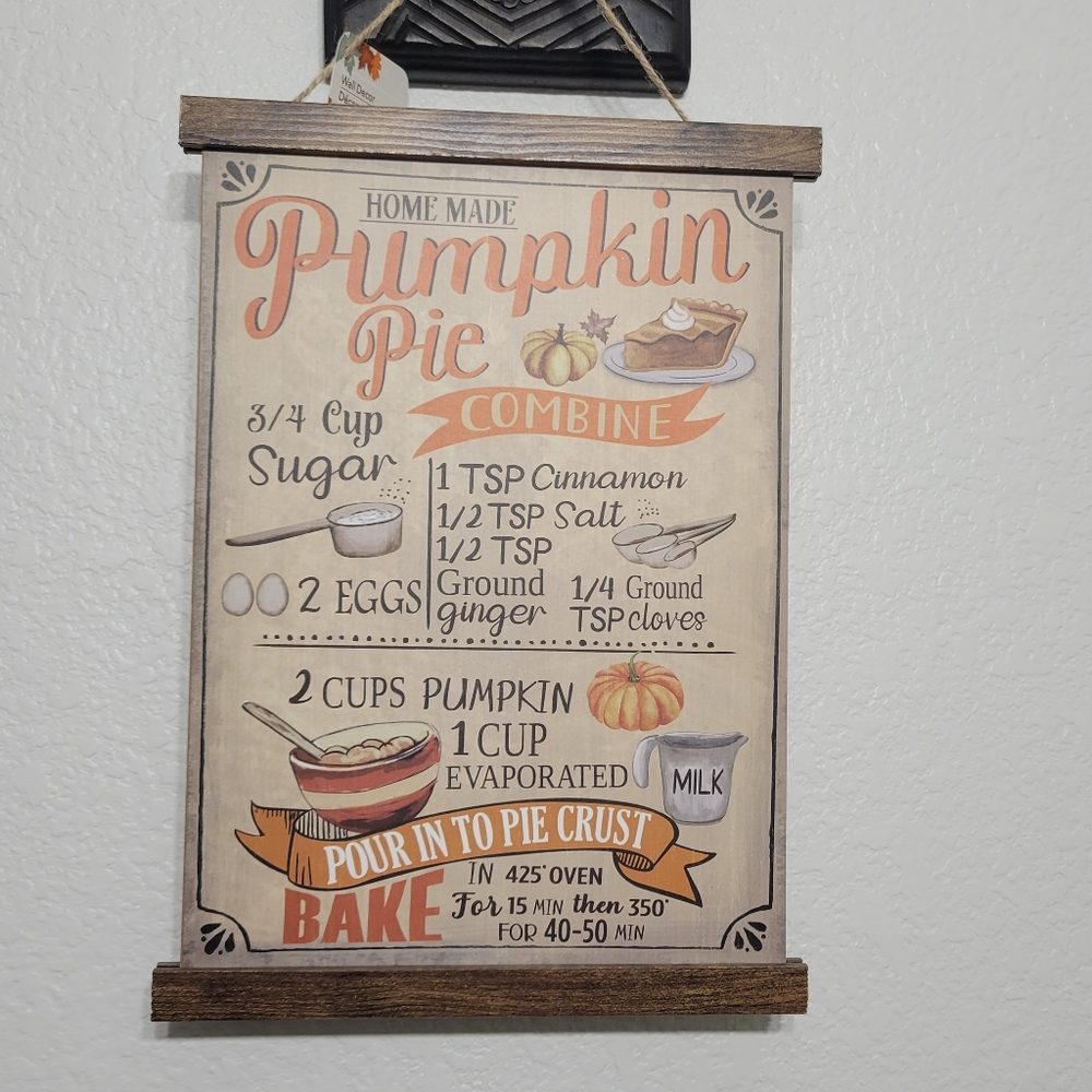 Homemade PUMPKIN PIE Recipe wall hanging Harvest Themed Fall Decor Pie Deco